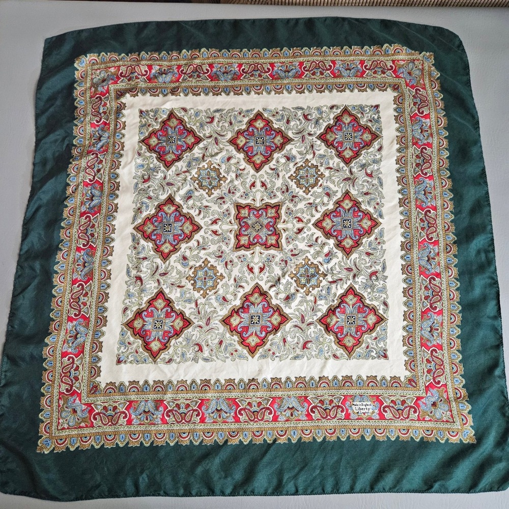 Liberty of London Silk Scarf Vintage Made in England Green Red Paisley Square 26